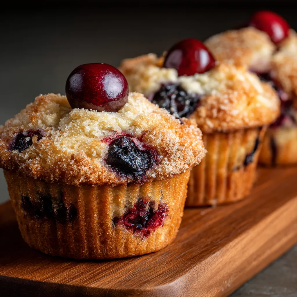 A wooden cutting board with two muffins on it.