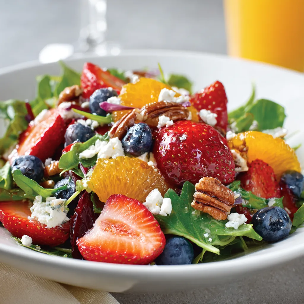 A plate of fruit salad with strawberries, blueberries, and oranges.
