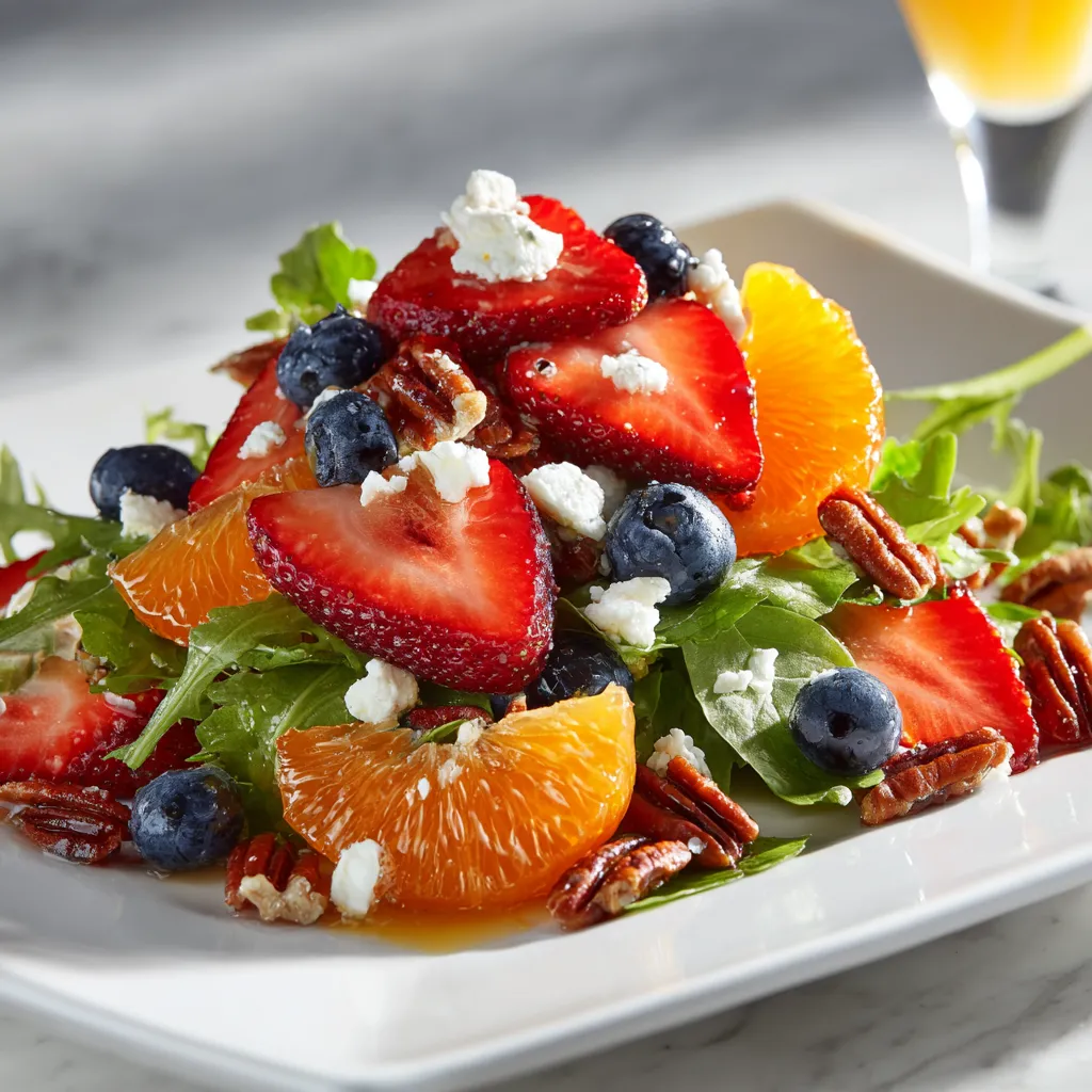 A plate of fruit salad with strawberries, oranges, and blueberries.