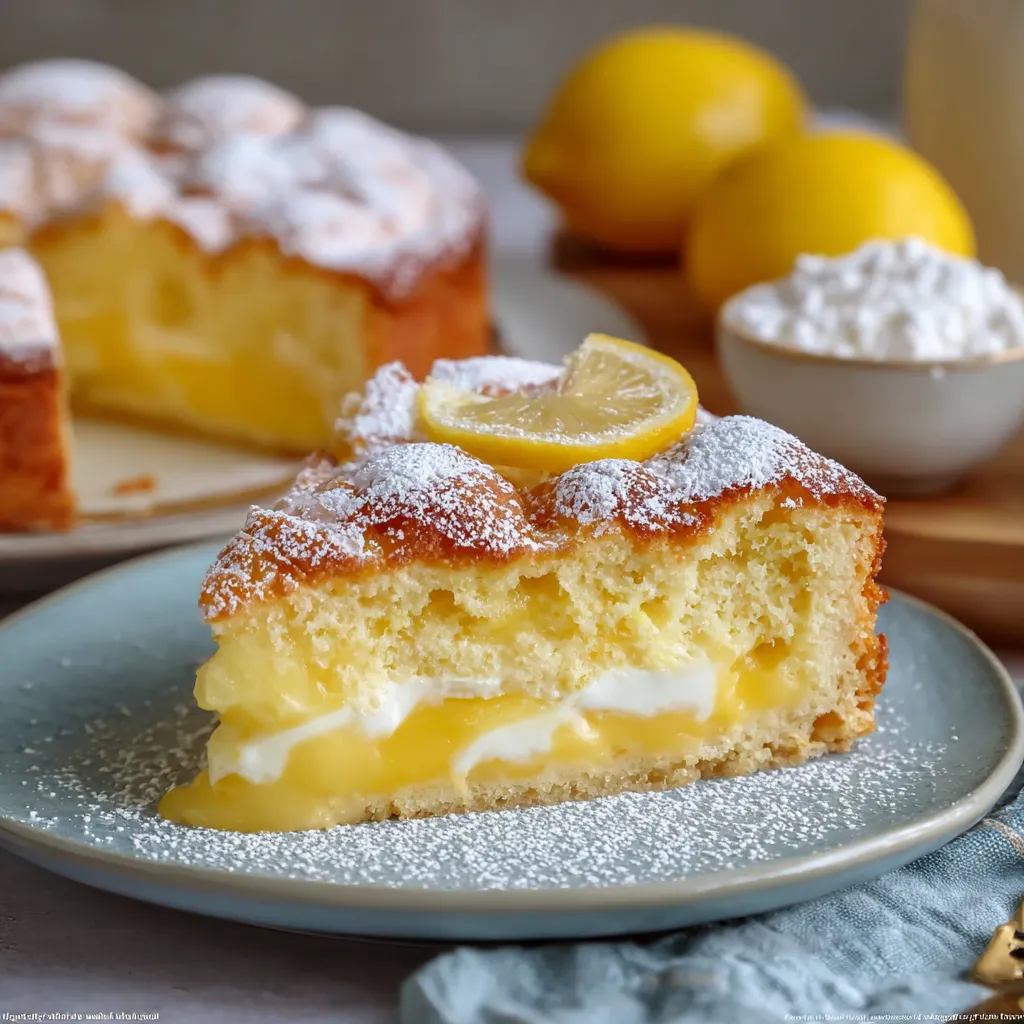 A slice of lemon cake with powdered sugar on top.