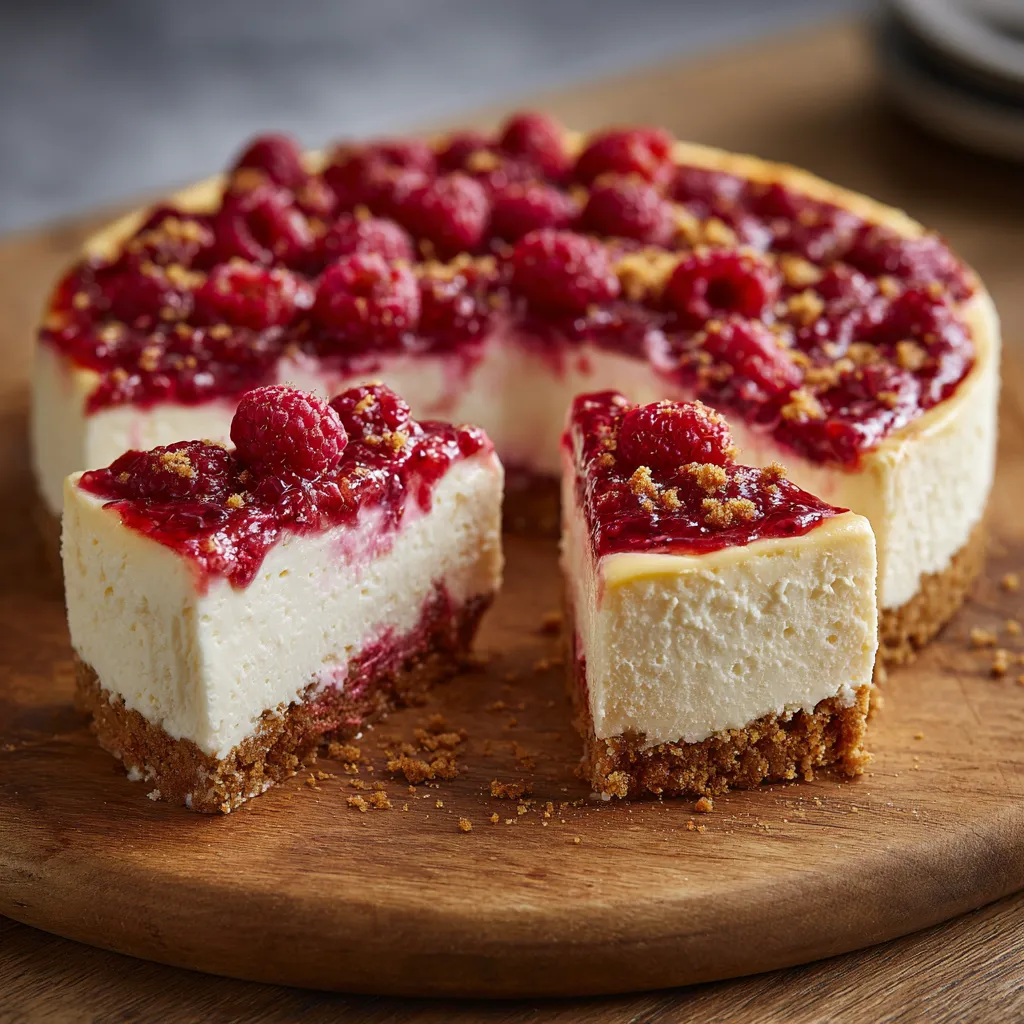 A slice of raspberry cheesecake on a wooden platter.
