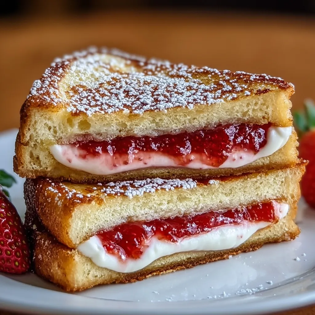 A stack of sandwiches with strawberries on top.