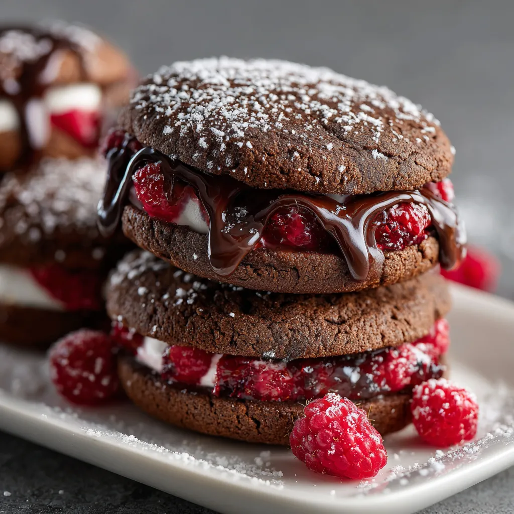 A stack of chocolate chip cookies with raspberries on top.