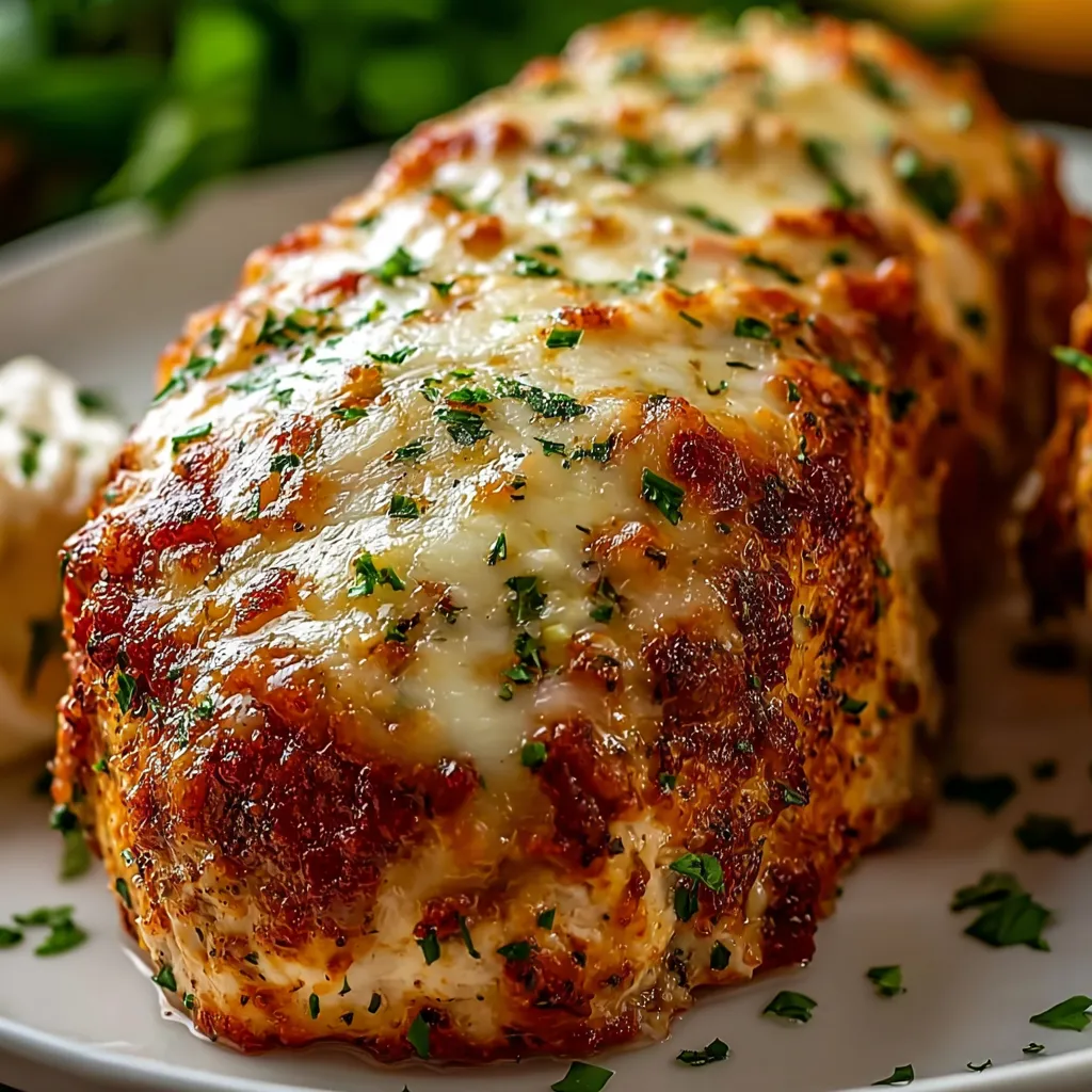 A piece of chicken with cheese on top.