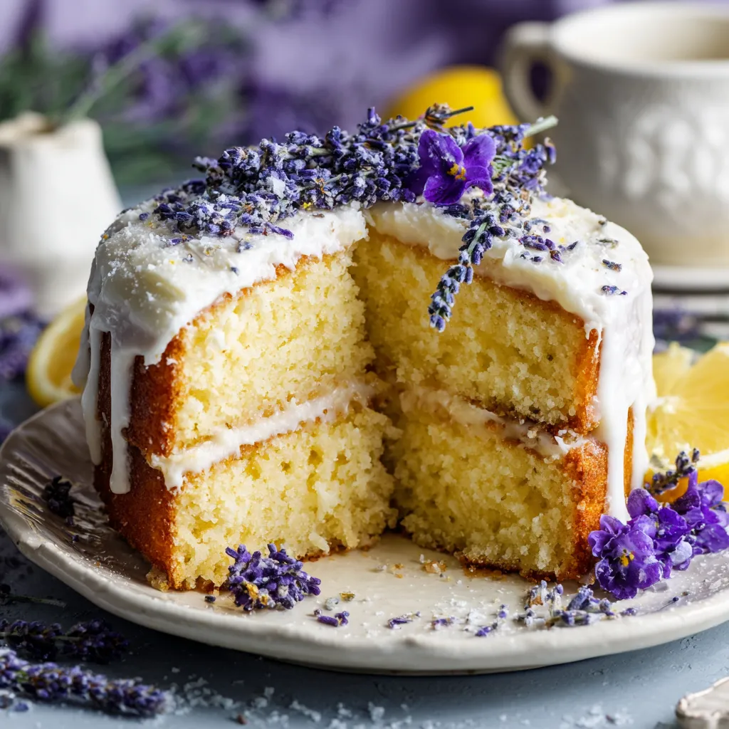 A slice of cake with white frosting and purple flowers.