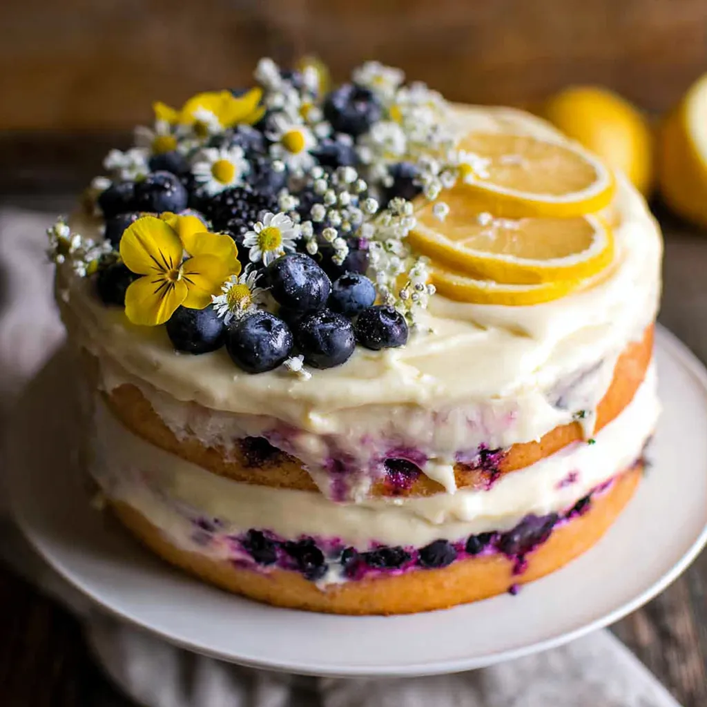 A cake with blueberries and lemon slices on top.