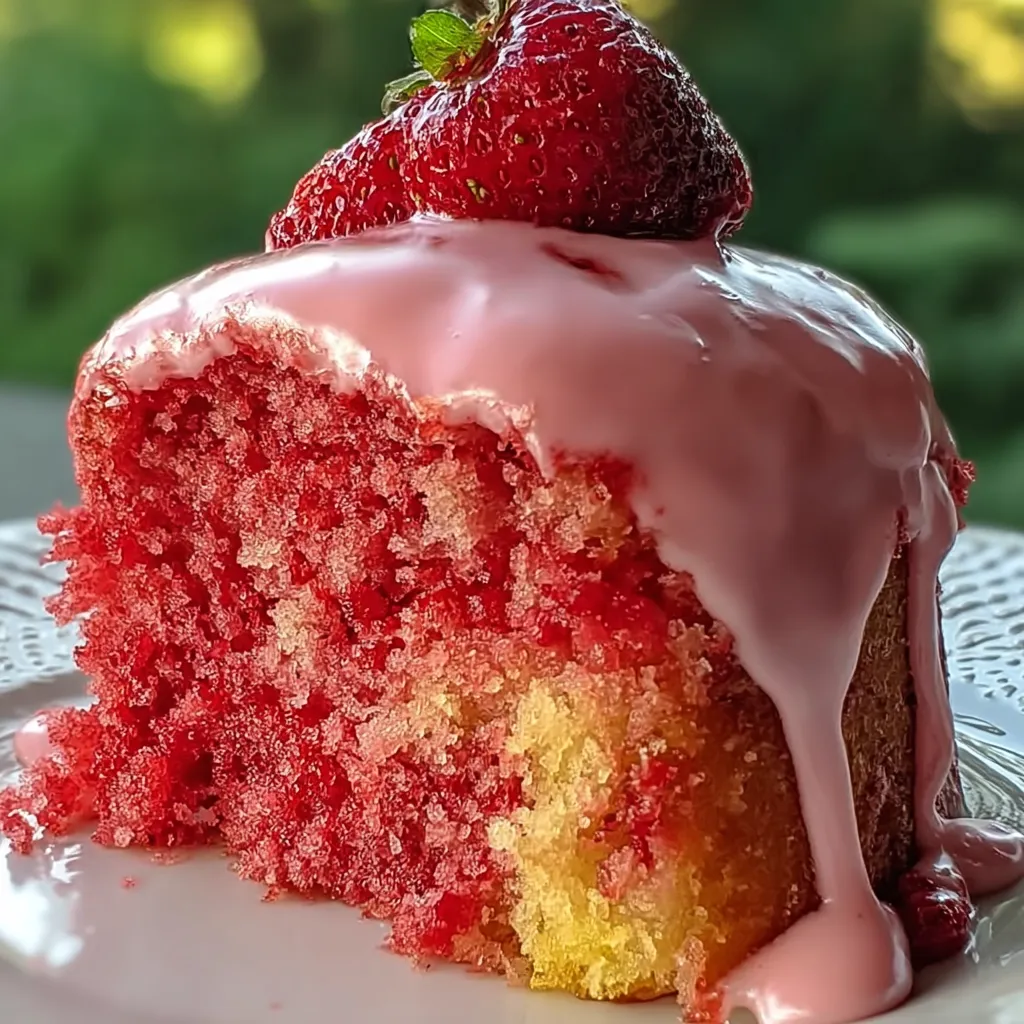 A slice of cake with strawberries on top.