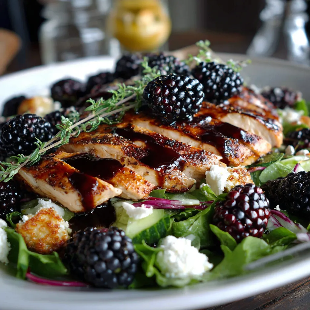 A plate of food with chicken, blackberries, and lettuce.