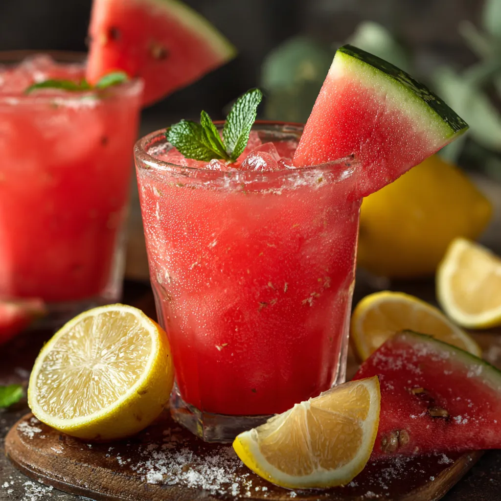 A glass of watermelon juice with a slice of watermelon and lemon.
