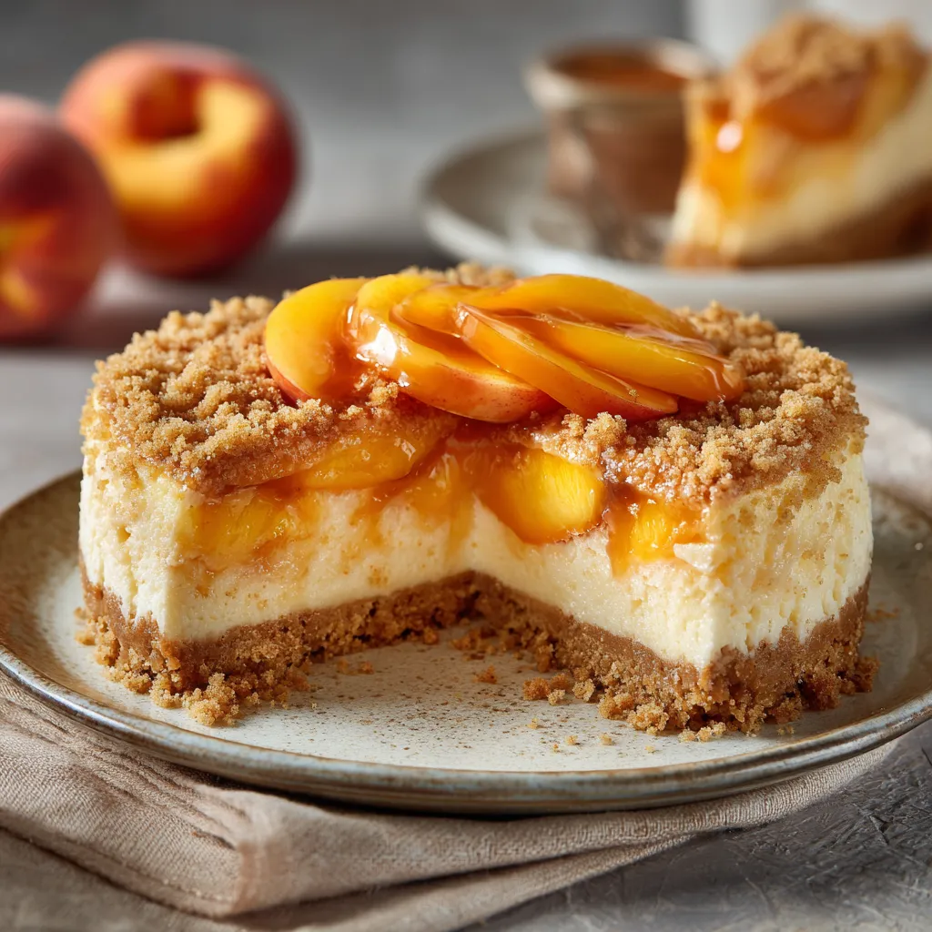 A slice of peach cake with peaches on top.