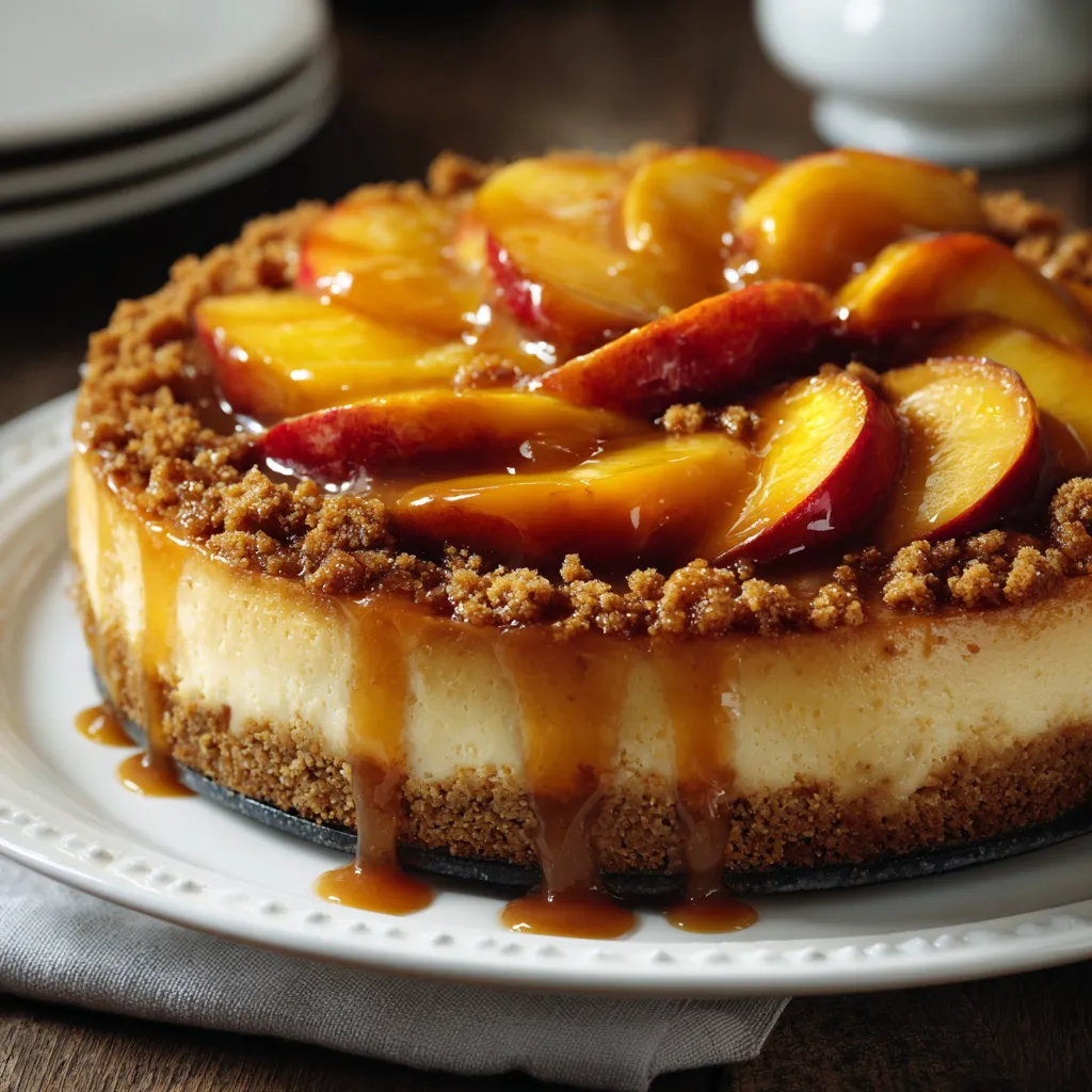 A slice of cake with peaches on top.
