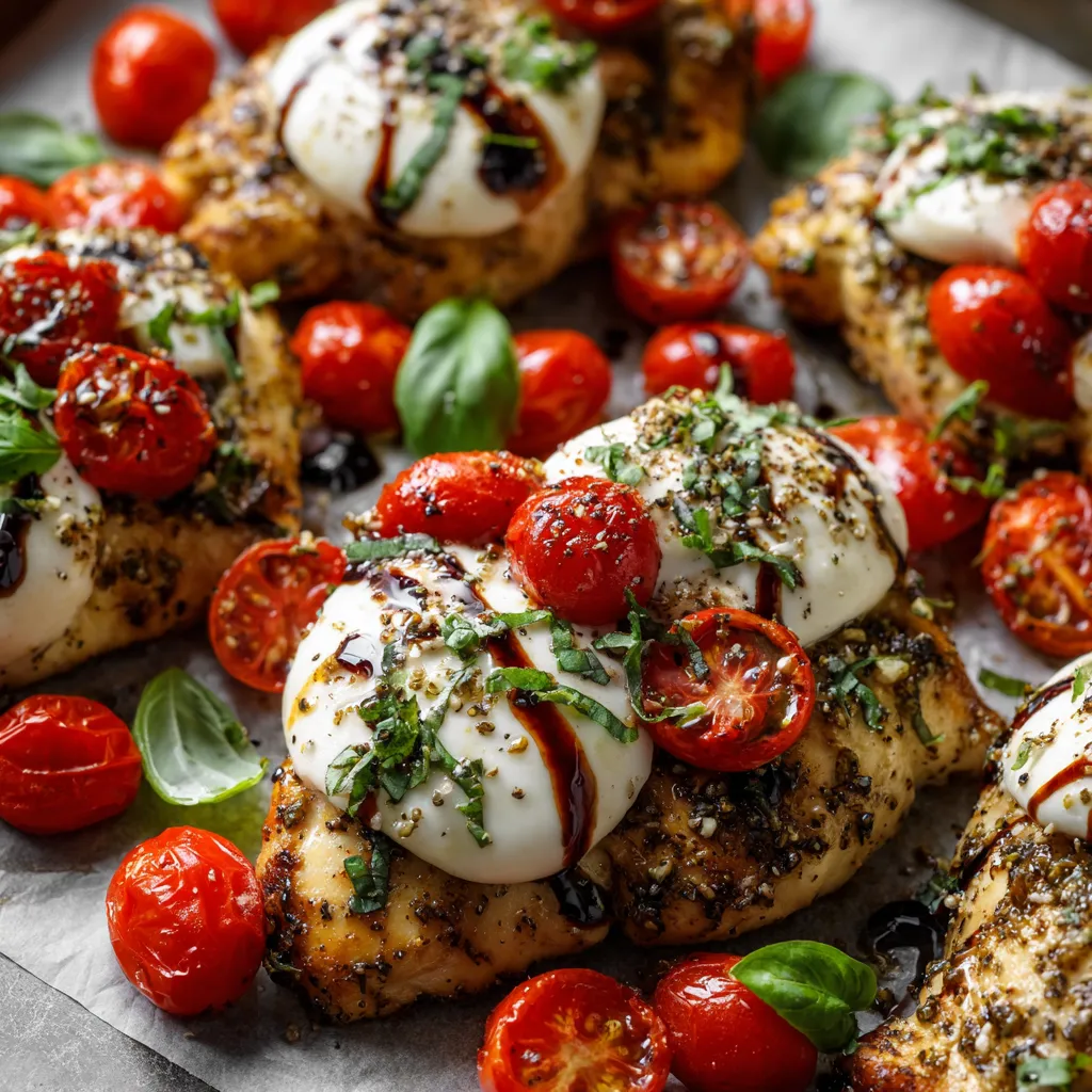 Chicken with tomatoes and cheese.