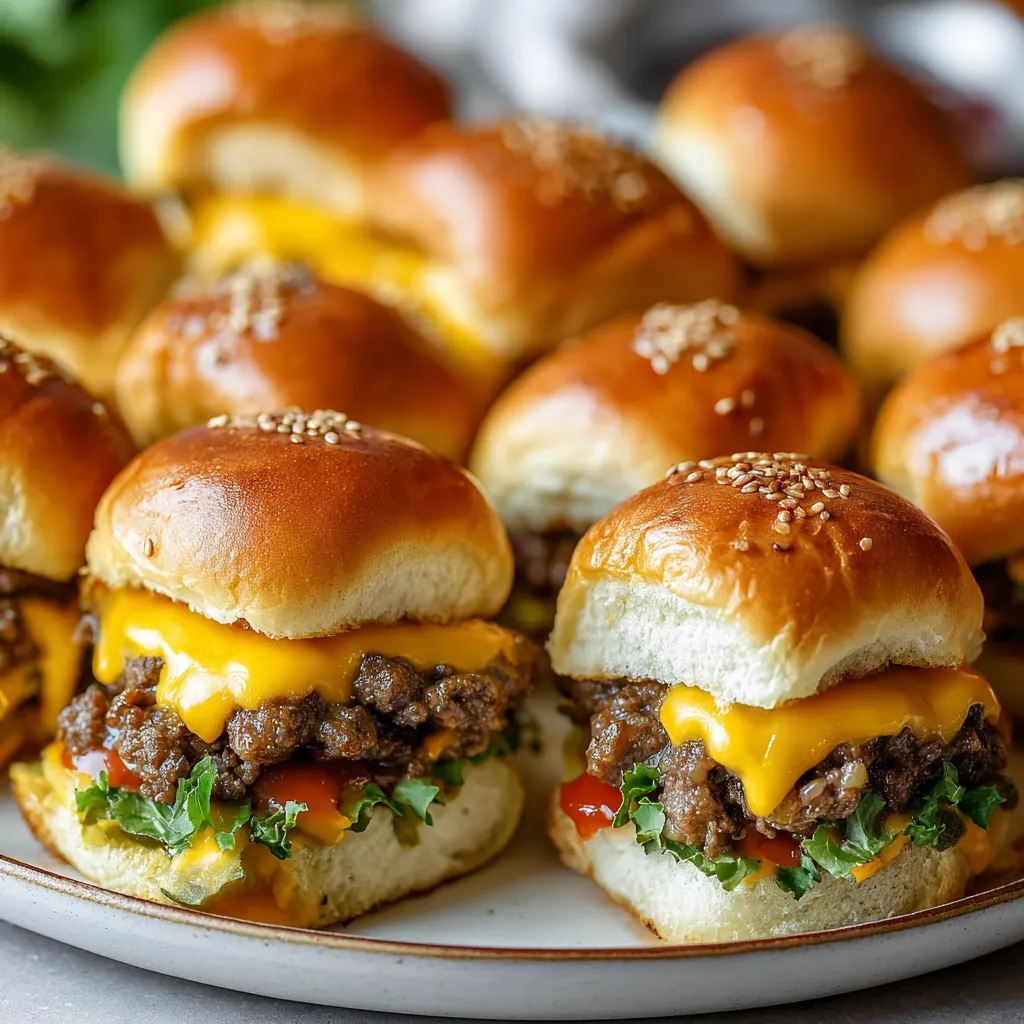 A plate of mini burgers with cheese.