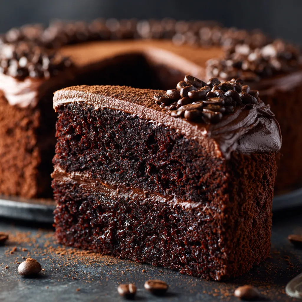 A slice of chocolate cake with chocolate frosting and chocolate chips.