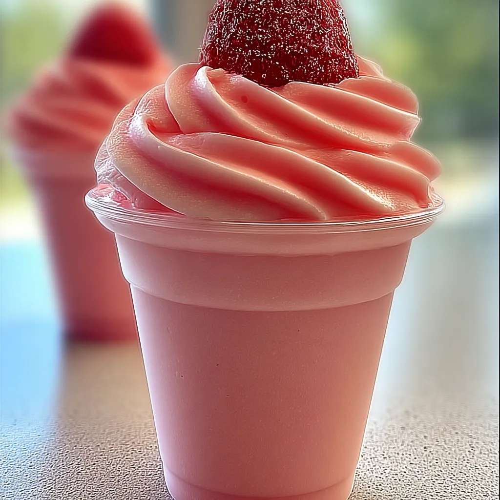A pink strawberry milkshake in a plastic cup.