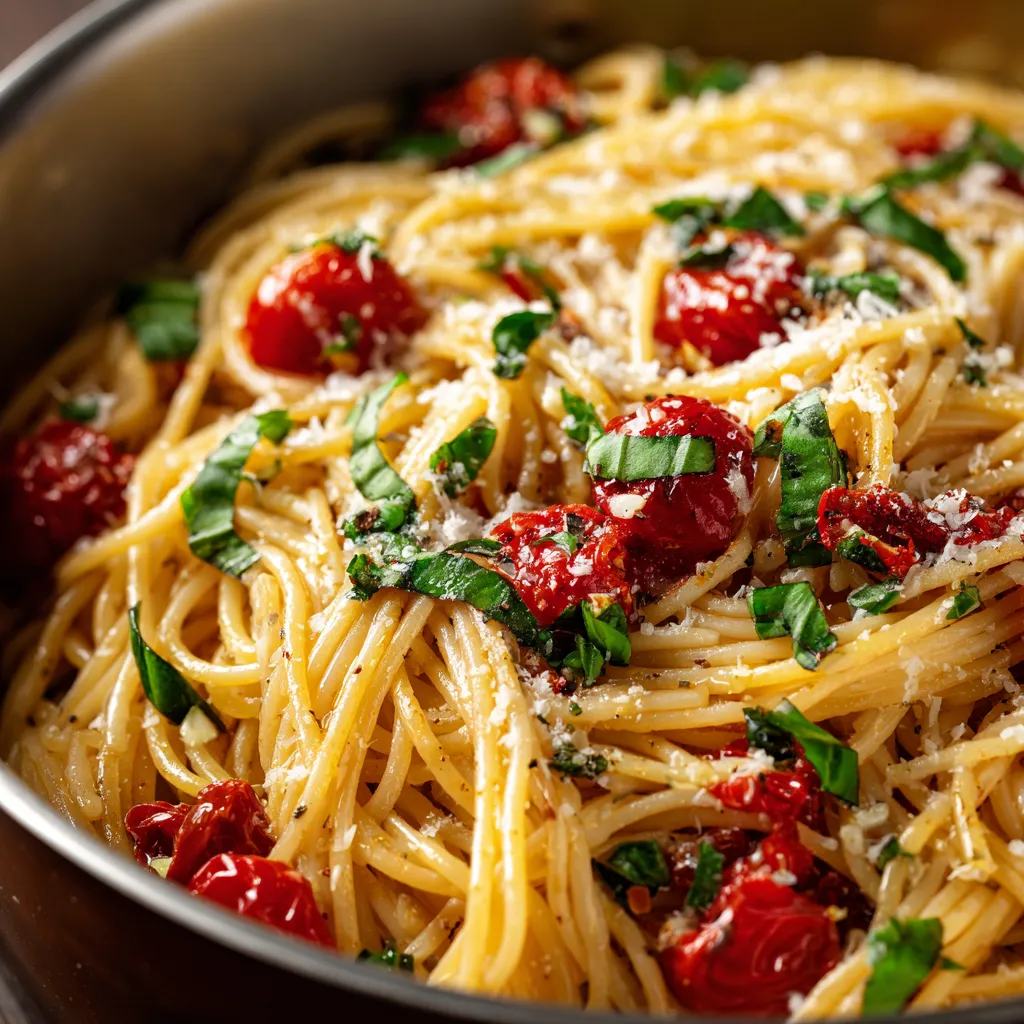 A bowl of pasta with tomatoes and basil.