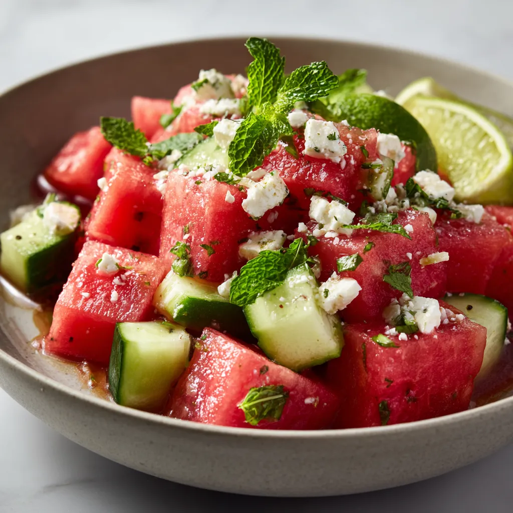 A bowl of watermelon with mint and feta cheese.