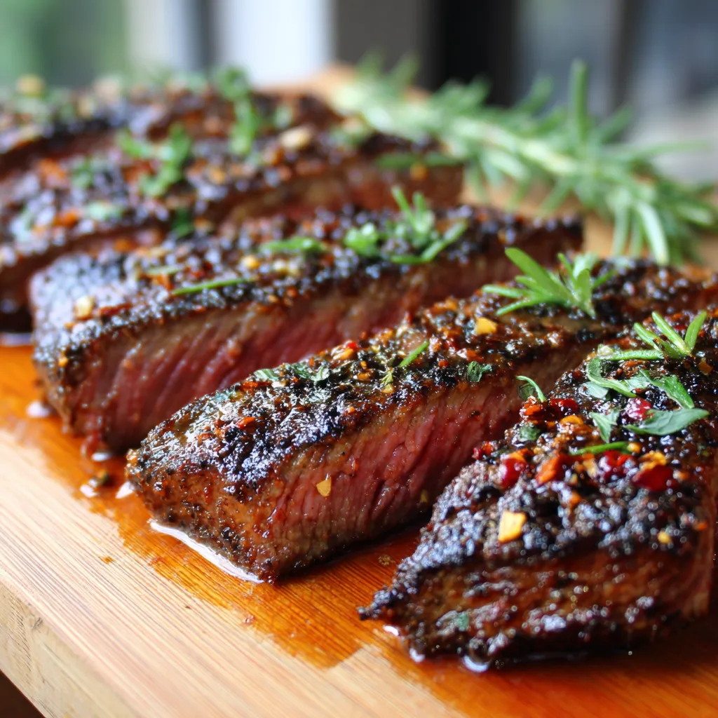 A plate of steak with peppers and herbs on it.