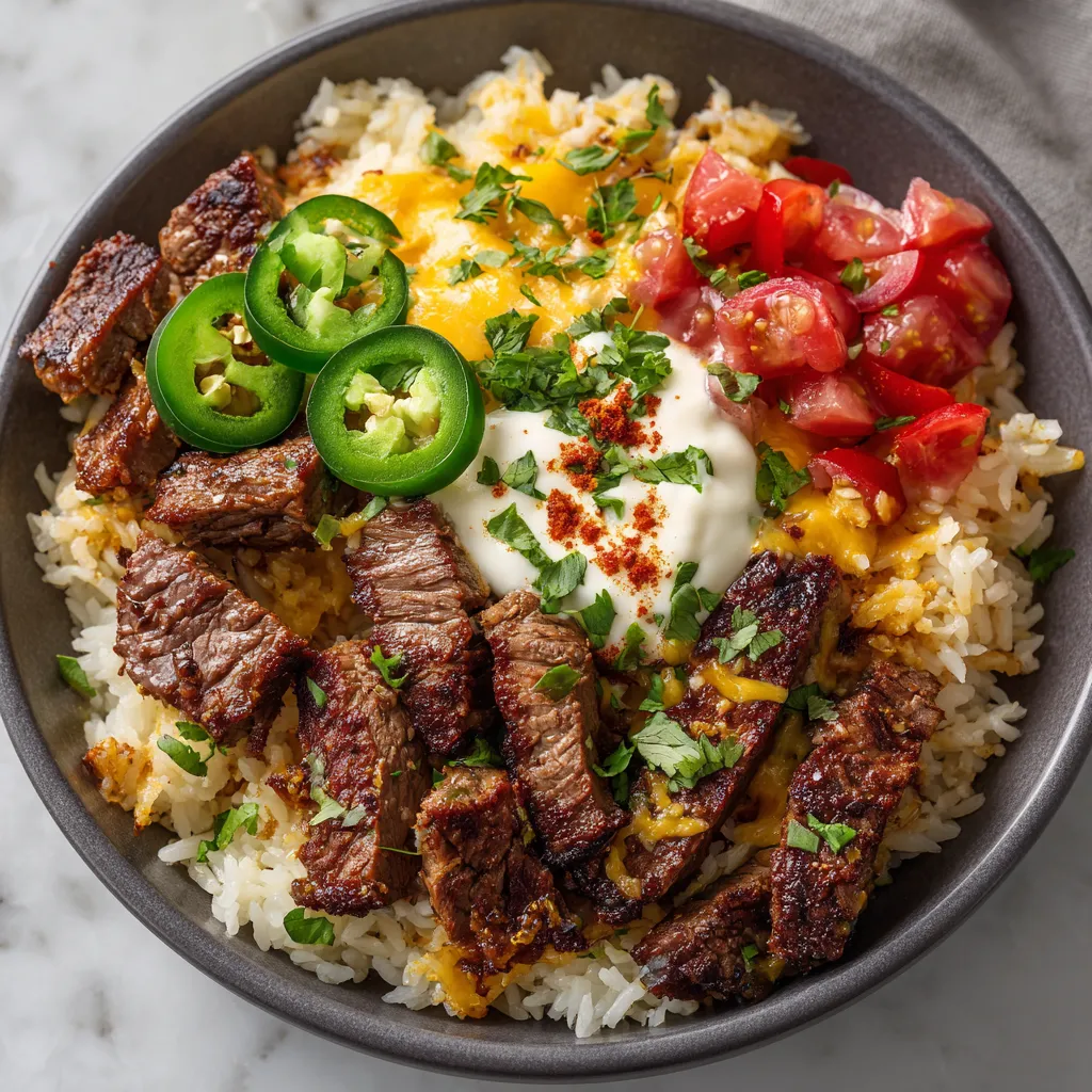 A bowl of rice with meat and vegetables.