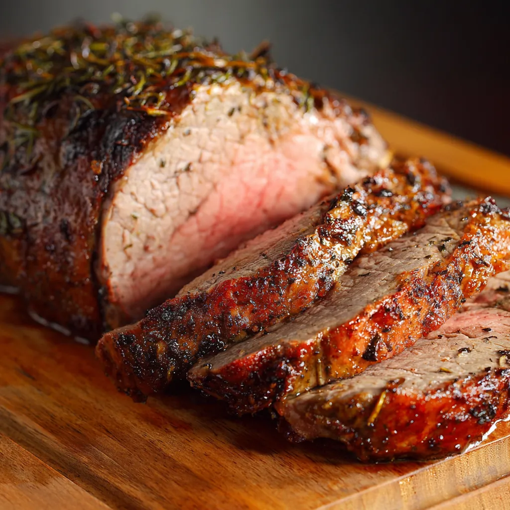 A piece of meat on a wooden cutting board.