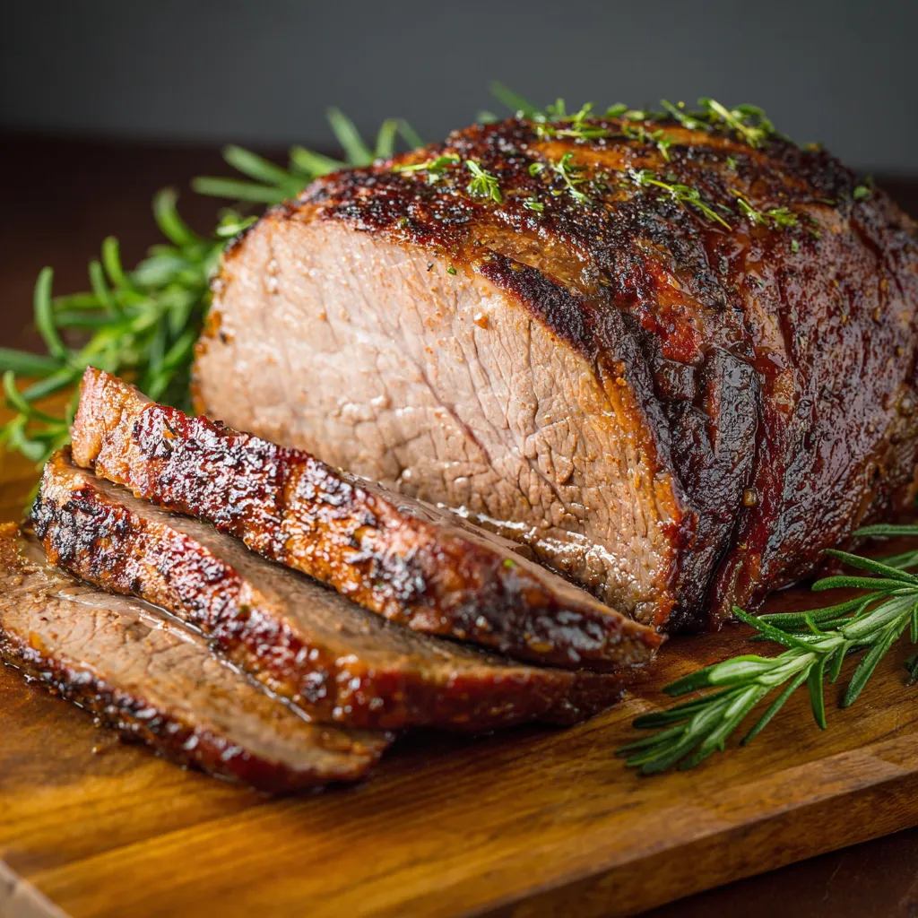 A large piece of meat with herbs on top.