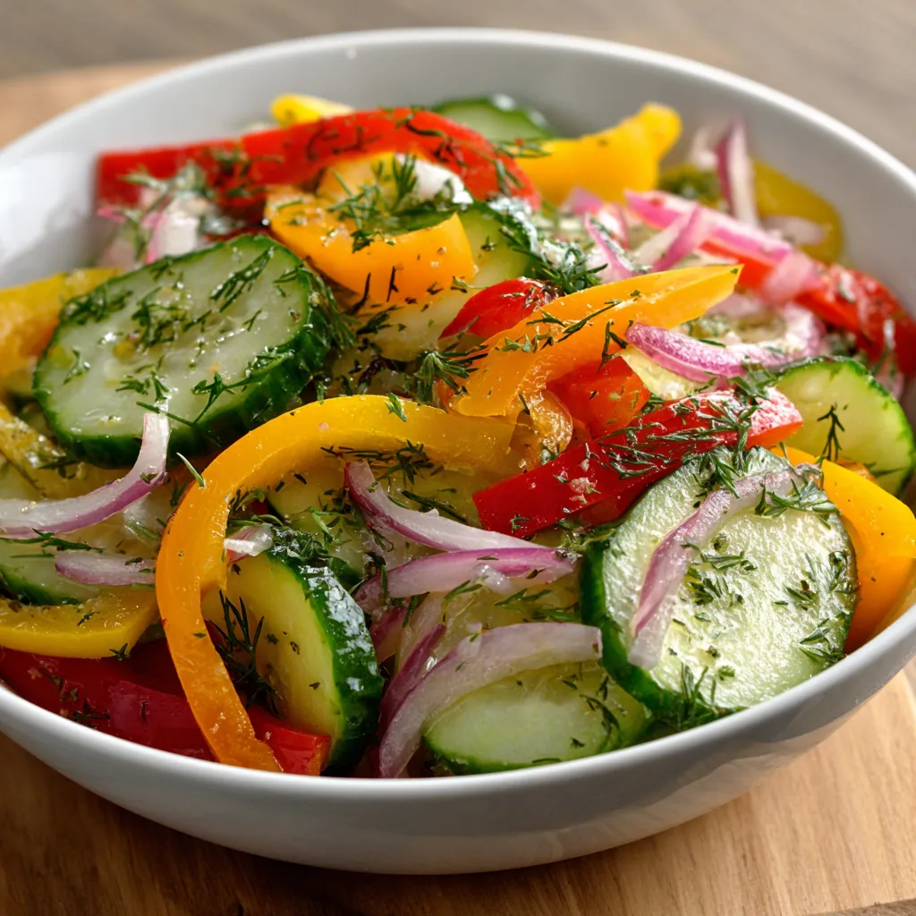 A bowl of vegetables including cucumbers, peppers, and onions.