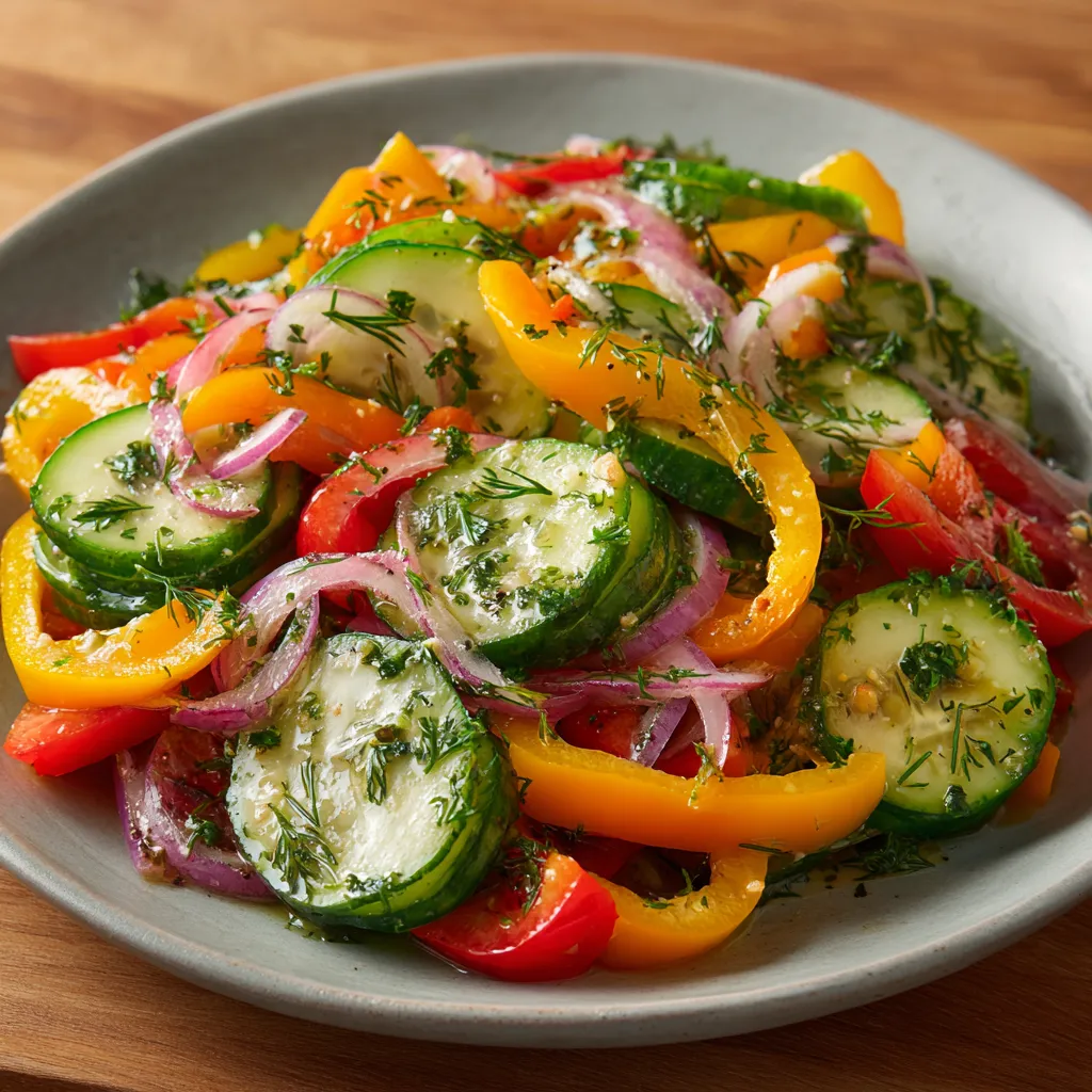 A plate of vegetables including cucumbers, peppers, and onions.