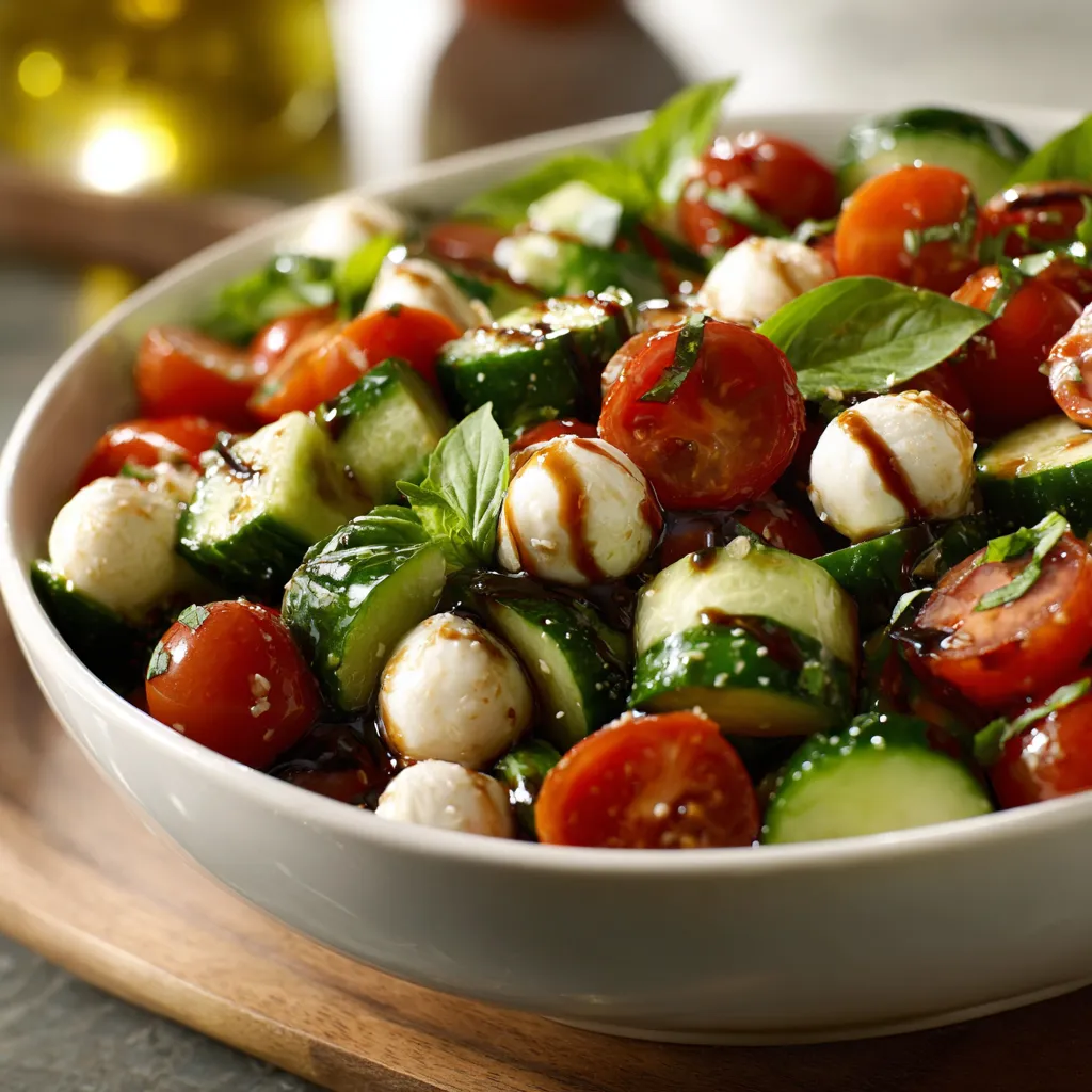 A bowl of vegetables with tomatoes, cucumbers, and basil.