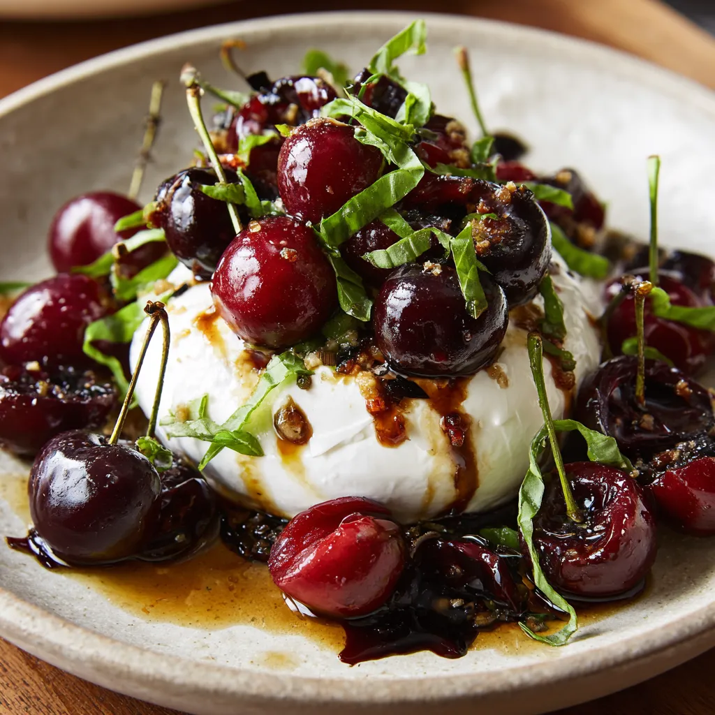 A bowl of food with cherries and cheese.