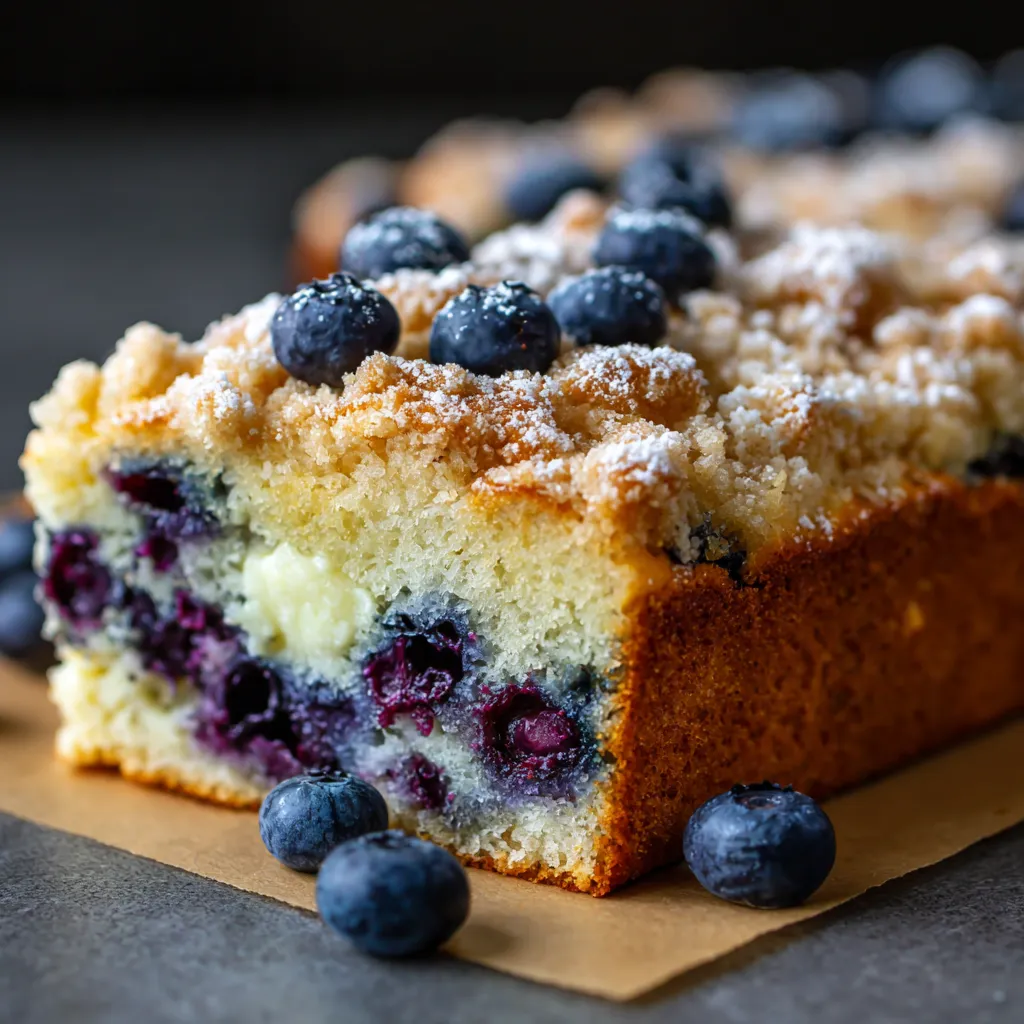 A slice of blueberry cake with blueberries on top.