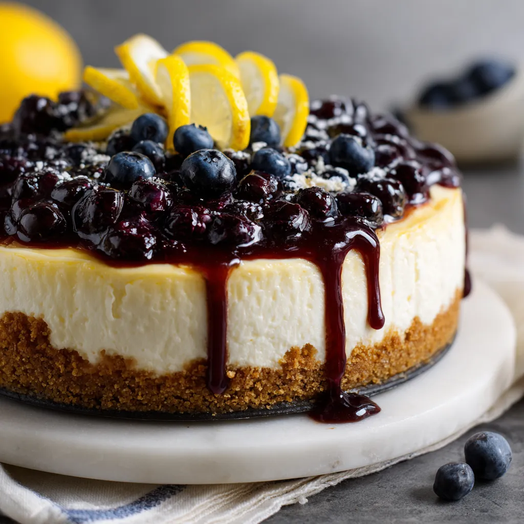 A slice of cheesecake with blueberries and lemon.