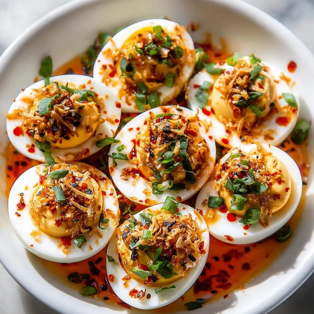 A bowl of eggs with red peppers.