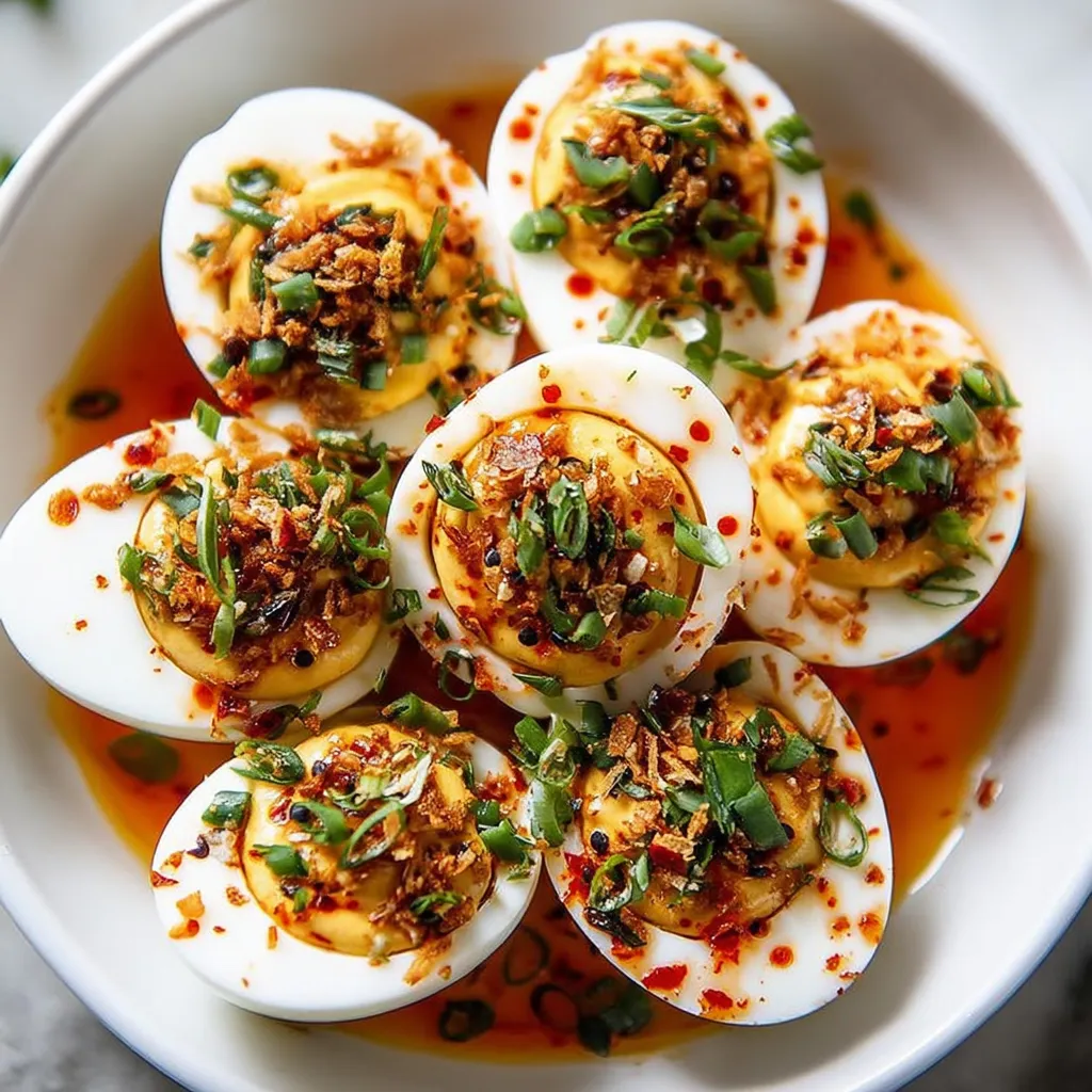 A bowl of eggs with sauce.