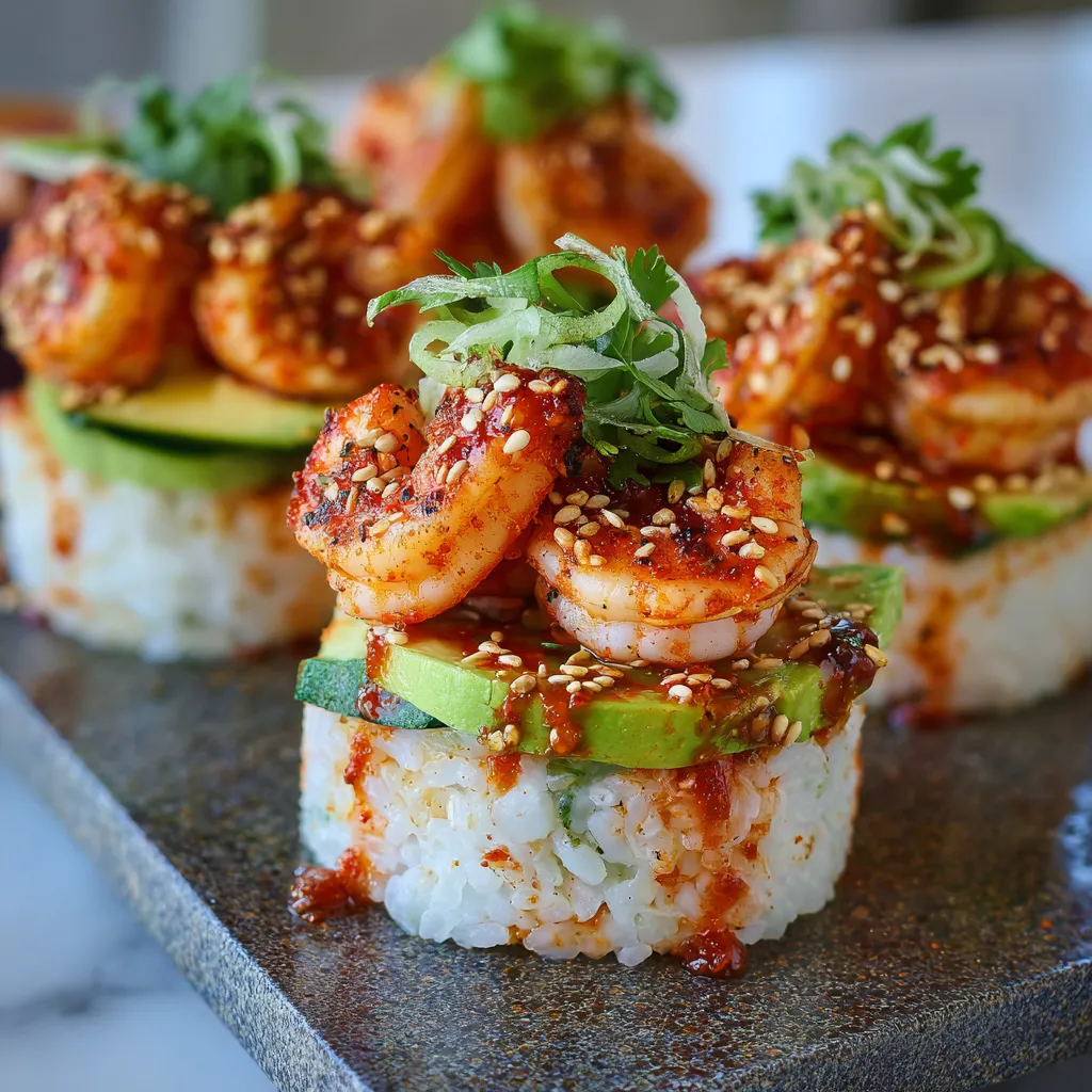 Sushi with shrimp and avocado on a stone plate.