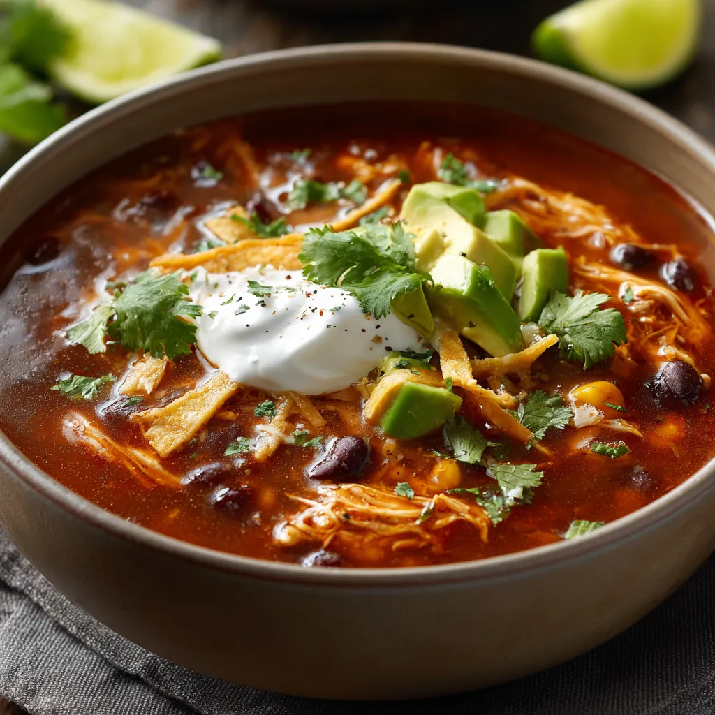 A bowl of soup with a dollop of sour cream on top.