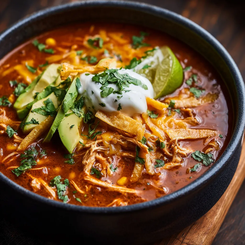 A bowl of soup with chips and sour cream.