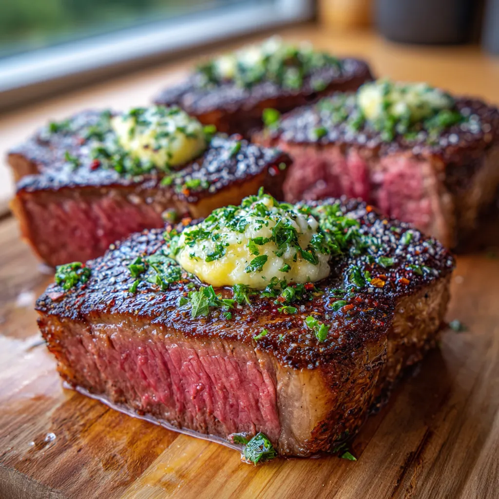 A close up of a piece of meat with a pat of butter on top.