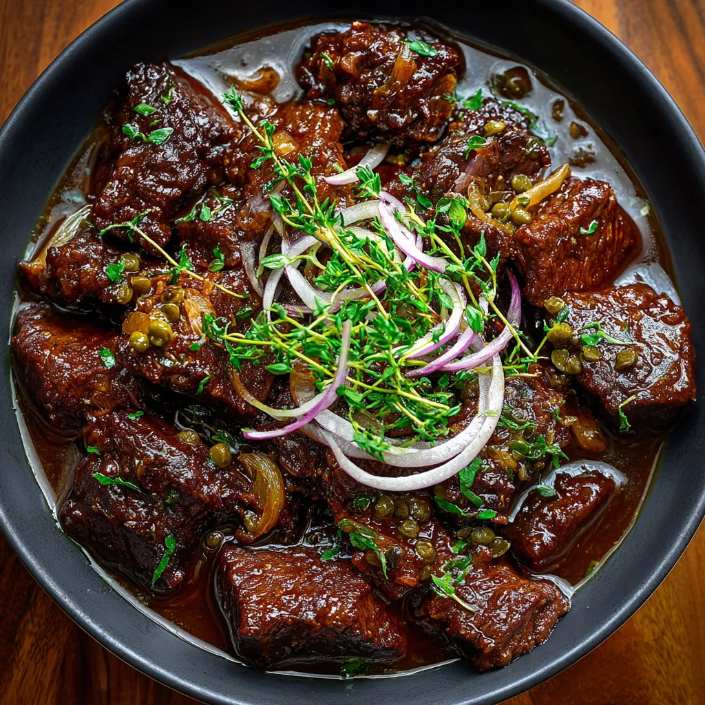 A bowl of beef stew with onions and parsley.