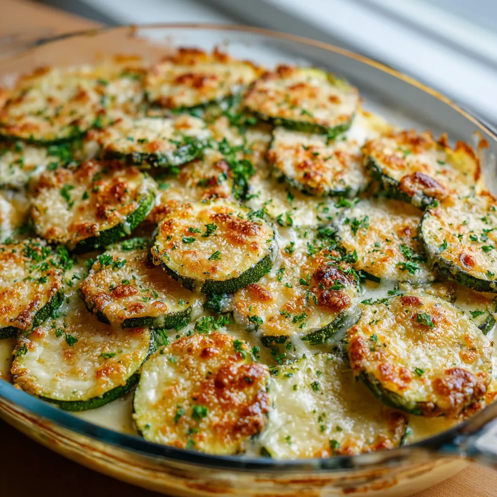 A dish of food with zucchini and cheese.