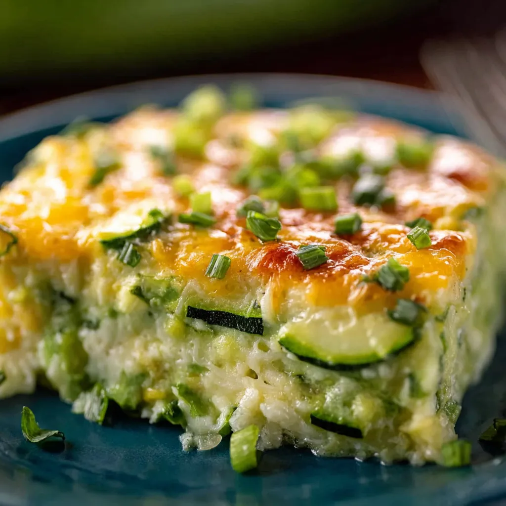 A slice of zucchini casserole on a blue plate.