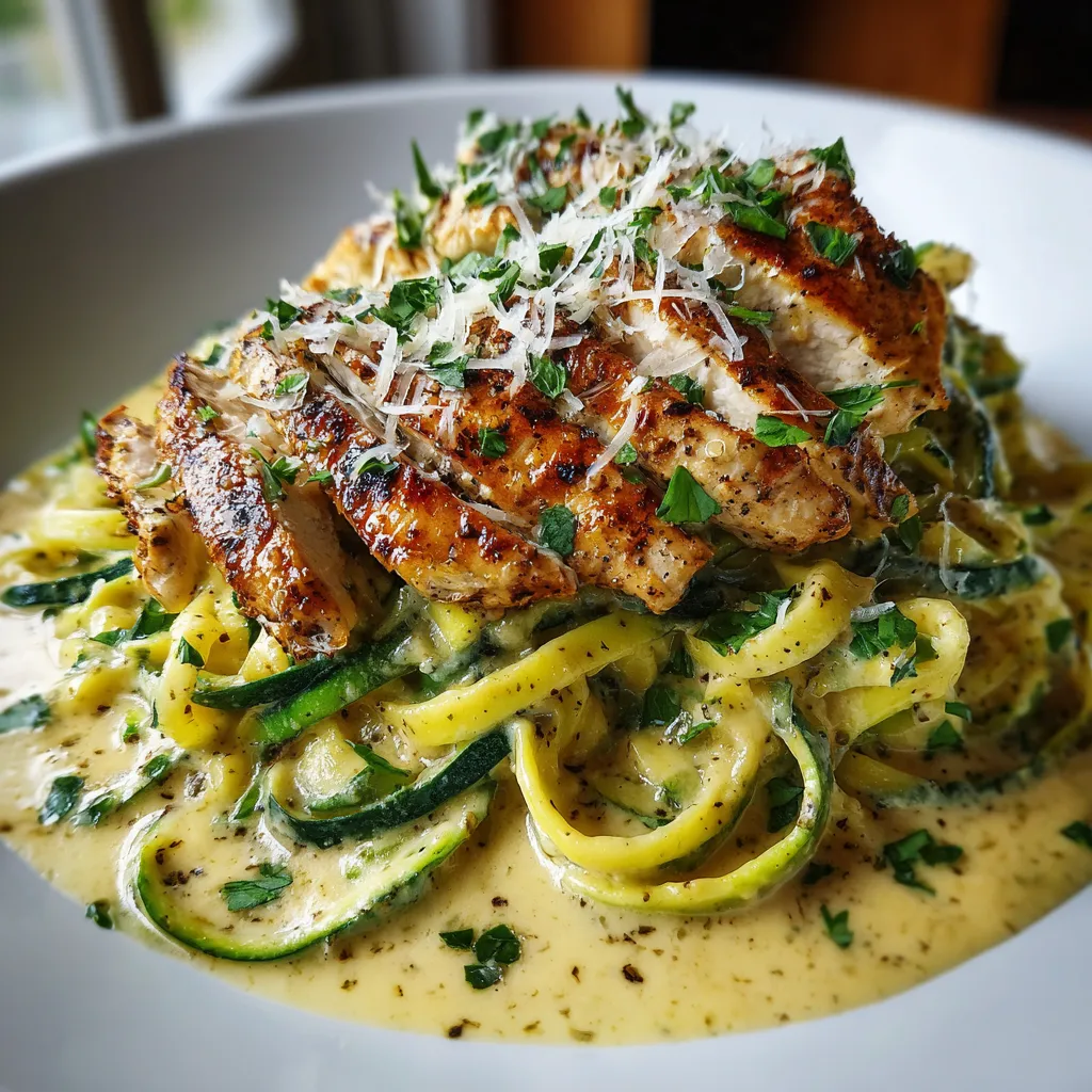 A plate of food with chicken and zucchini.