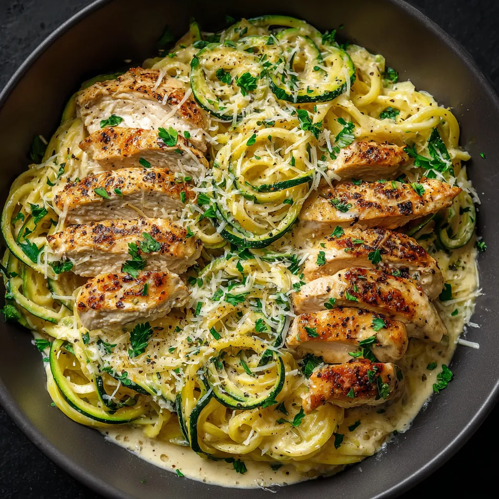 A bowl of pasta with chicken and zucchini.