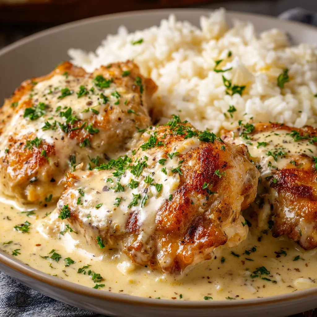 A plate of chicken with rice and herbs.