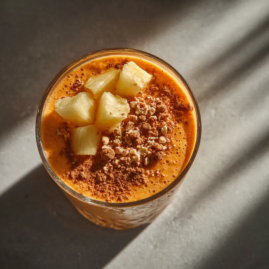 A glass of orange juice with pineapple chunks.