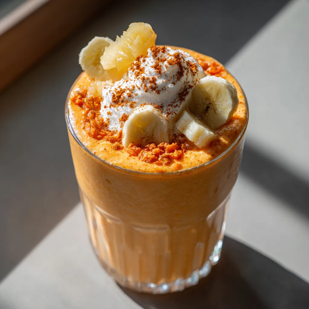 A glass of orange juice with banana slices and whipped cream on top.