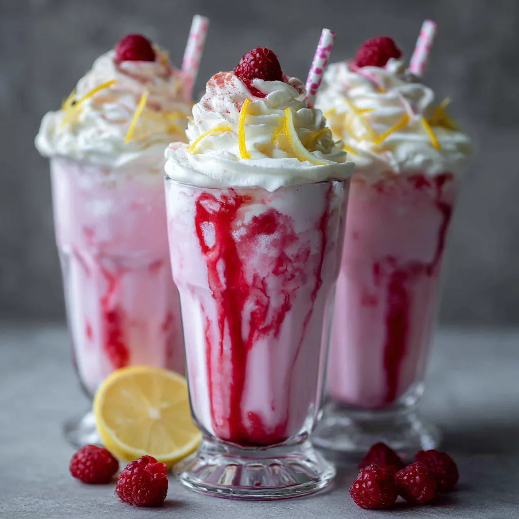 Three glasses of pink and white frozen drinks with raspberries on top.