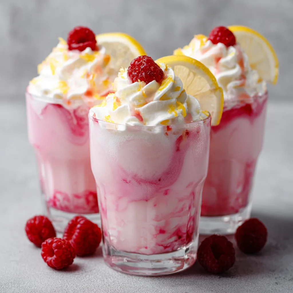 Two glasses of pink lemonade with raspberries on top.