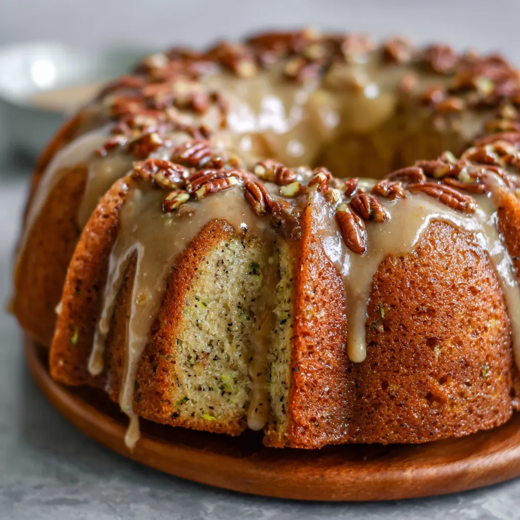 A cake with pecans and a glaze.