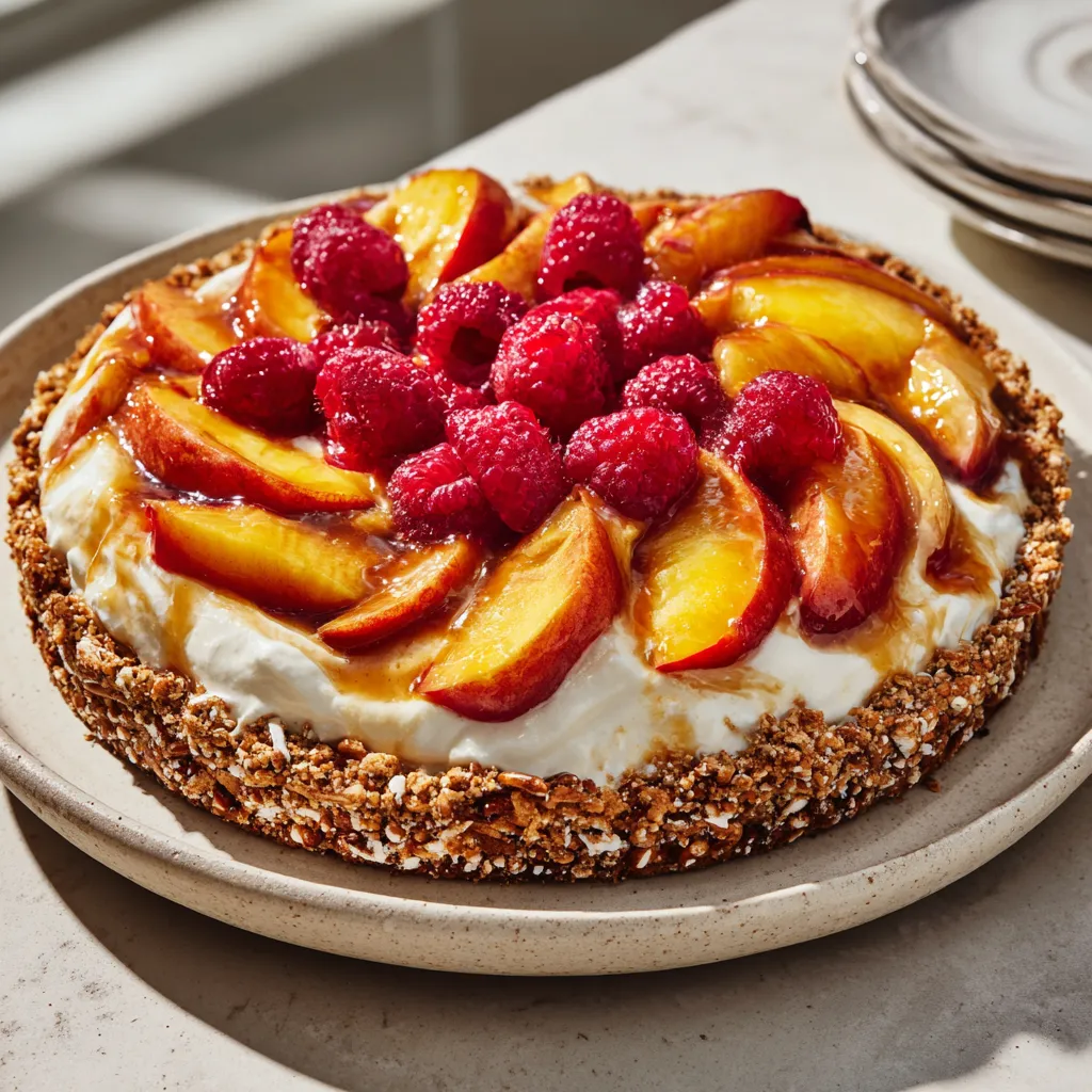 A dessert with peaches and cream.