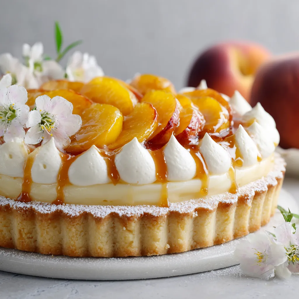 A slice of cake with white frosting and peaches.